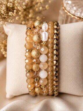 NWT 5-Piece Champagne Gold Beaded Bracelet Stack Crystal Pearl Neutral CC